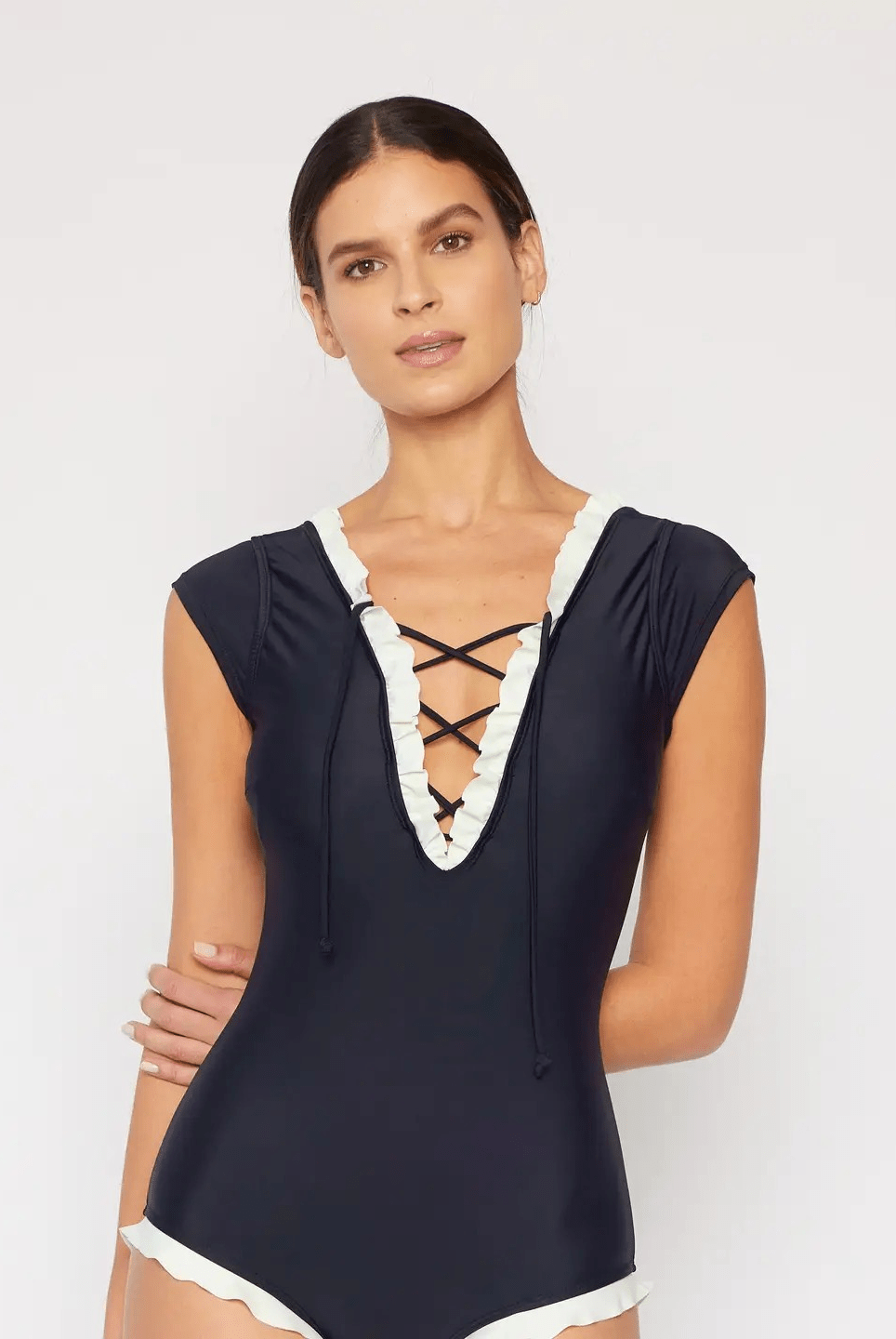 Bettylicious Retro  Marina West Ruffle and Lace up V Neck Black Swimsuit