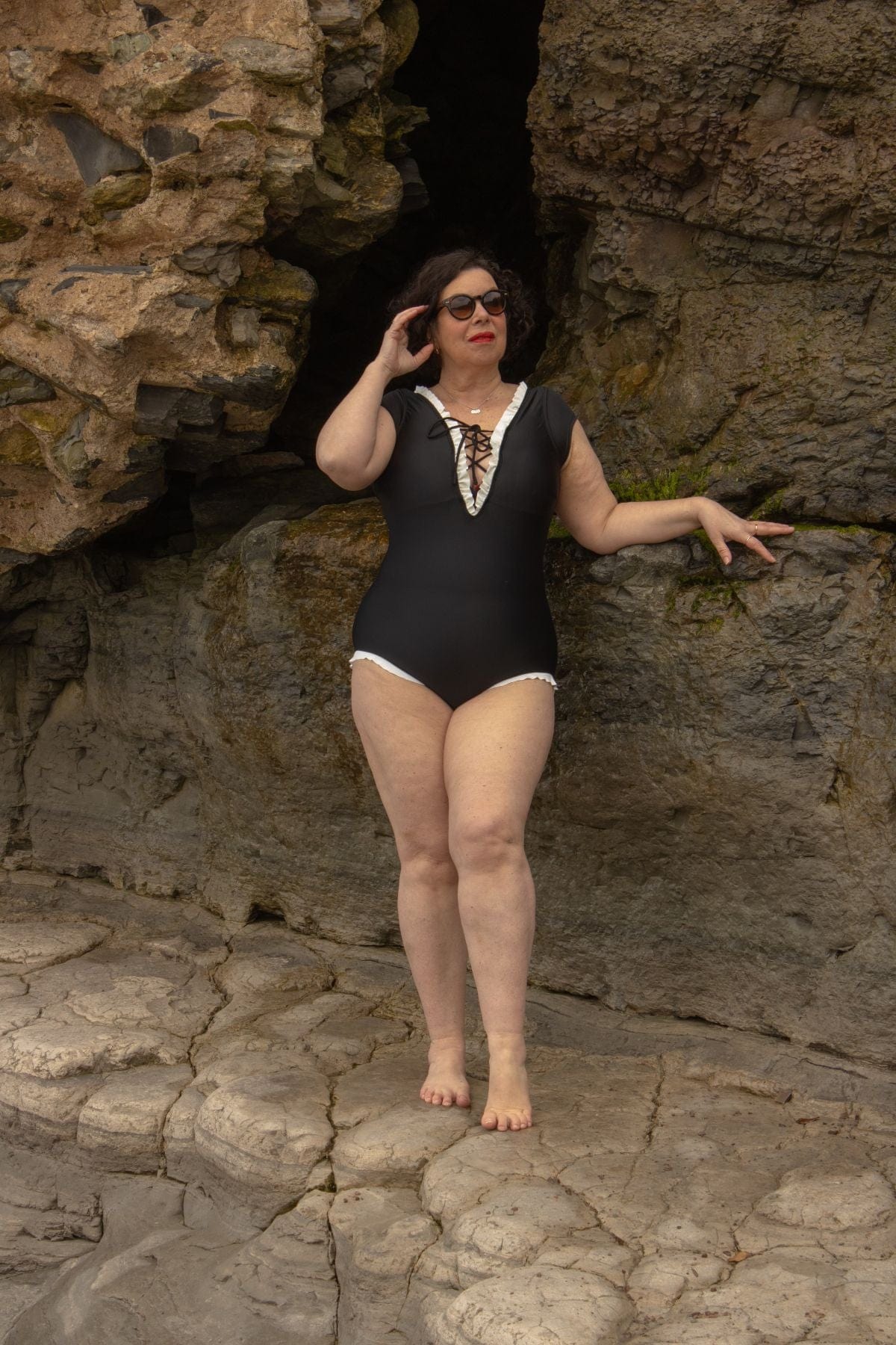 Bettylicious Retro Marina West Ruffle and Lace up V Neck Black Swimsuit