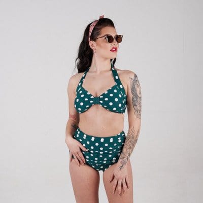 BettyliciousUK Bikini Bottoms Esther Williams Green Polka Dot High Waist Bikini Bottoms with Tummy Control