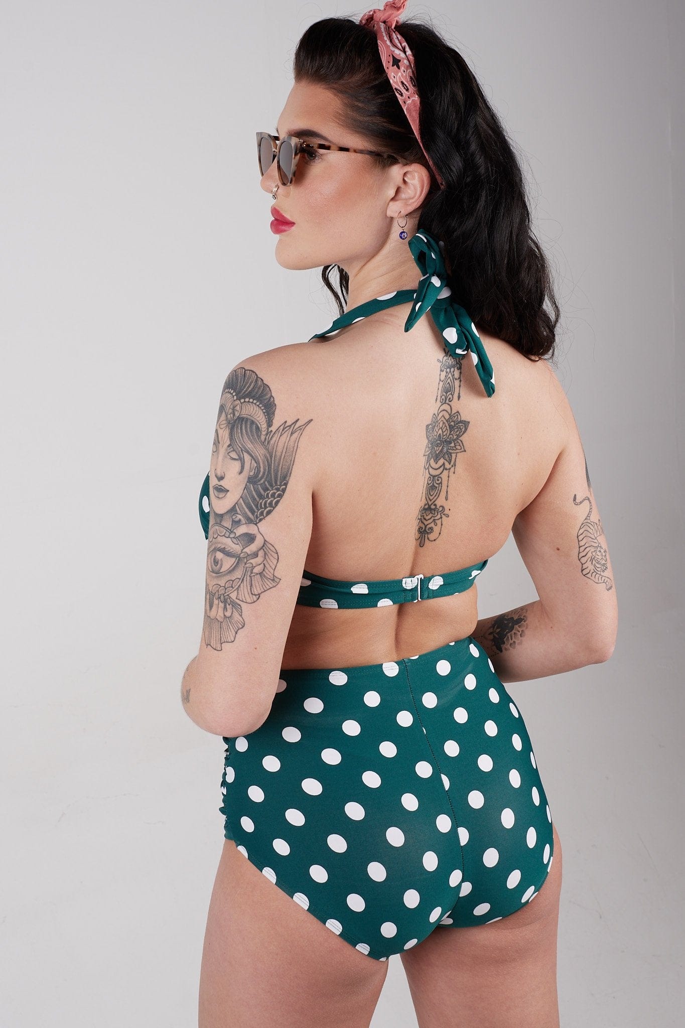 BettyliciousUK Bikini Bottoms Esther Williams Green Polka Dot High Waist Bikini Bottoms with Tummy Control