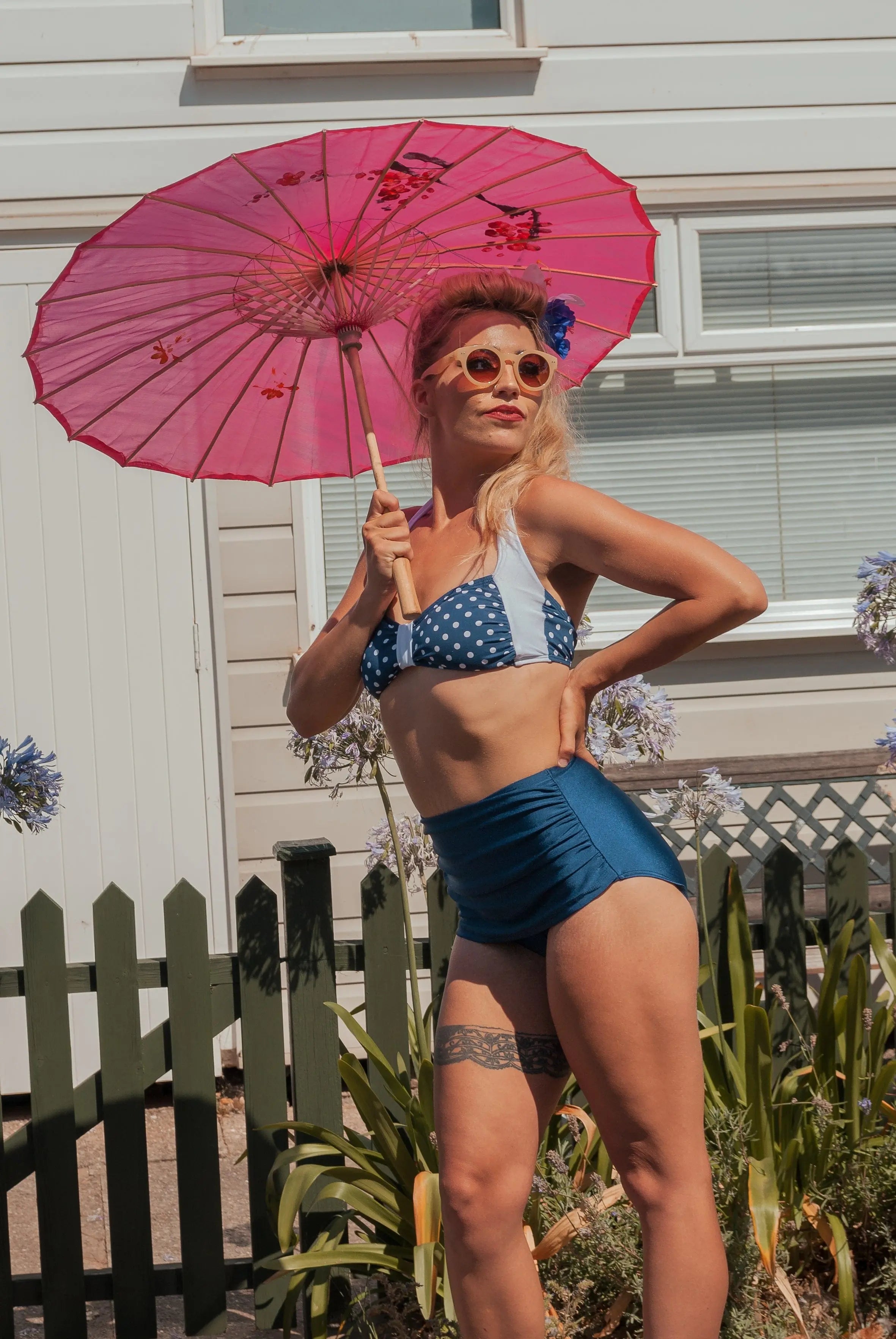 BettyliciousUK Bikini Bottoms Esther Williams Navy Blue High Waist Retro Vintage Style Bikini Bottoms with Tummy Control.