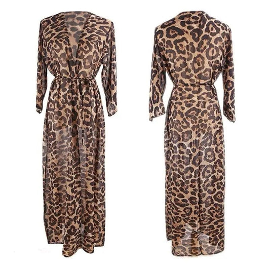 BettyliciousUK Clothing Leopard Print Sheer Long Cover Up with Belt.