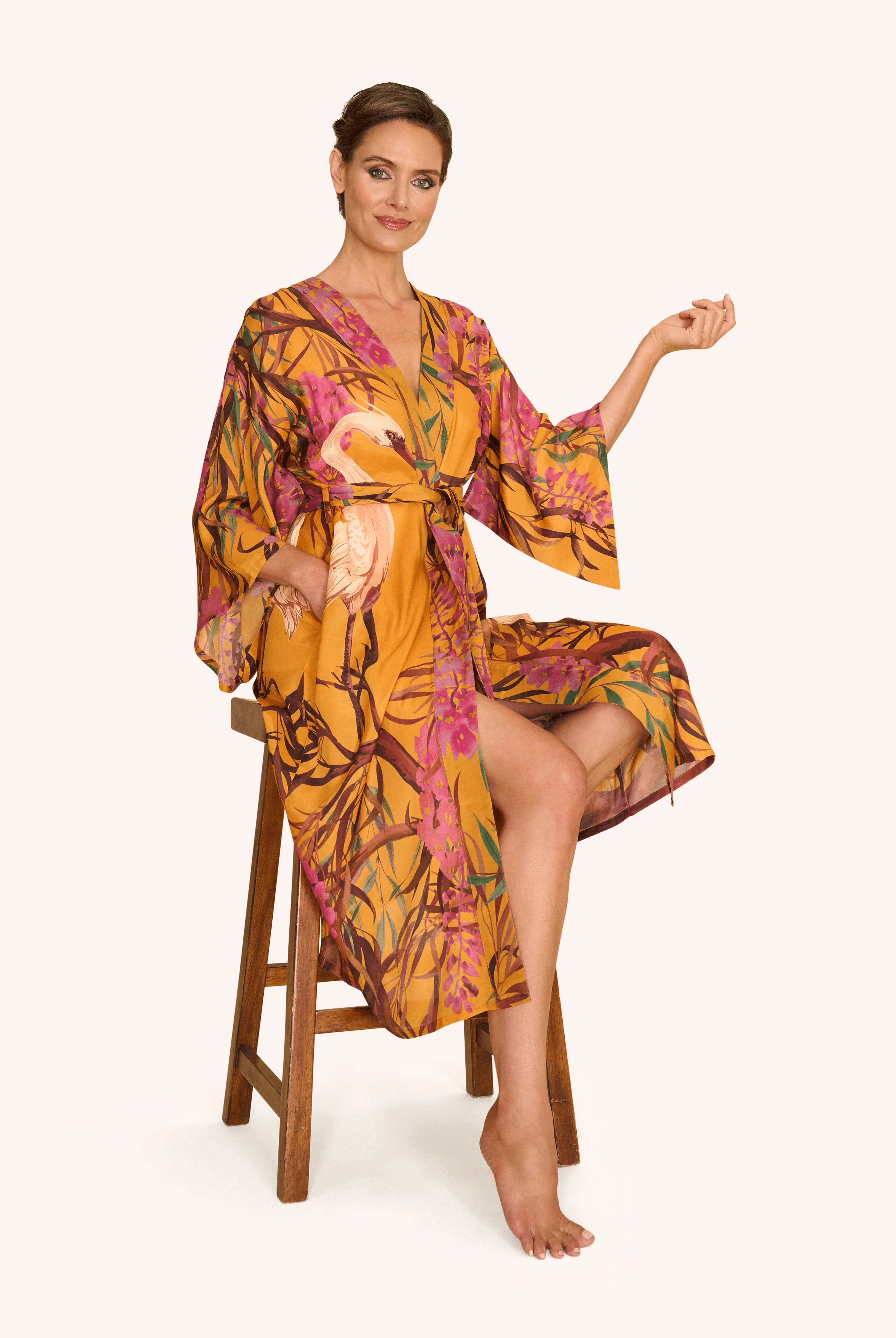 BettyliciousUK Clothing Ochre Oriental Crane Kimono Gown by Powder