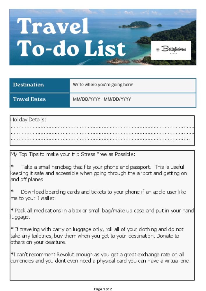 BettyliciousUK Free Travel List and Tips Download.