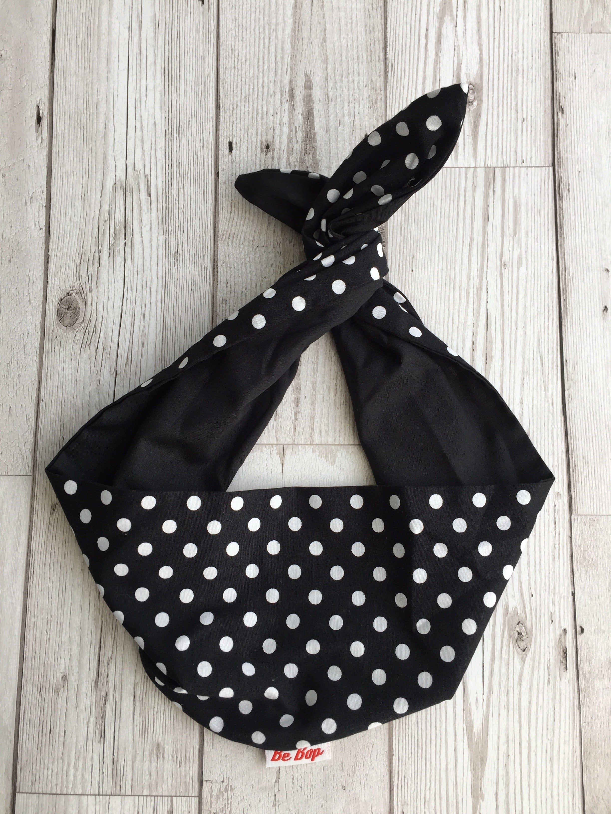 BettyliciousUK Head Scarf, Black/White Polka Dots with Plain Black Reverse