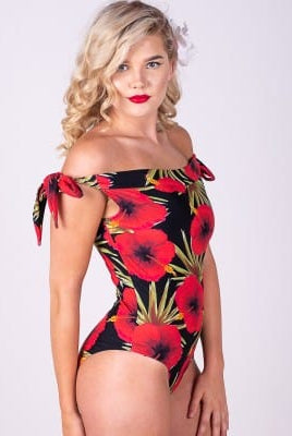 BettyliciousUK Small Unique Vintage Black and Red Hibiscus Off Shoulder Hermosa Swimsuit
