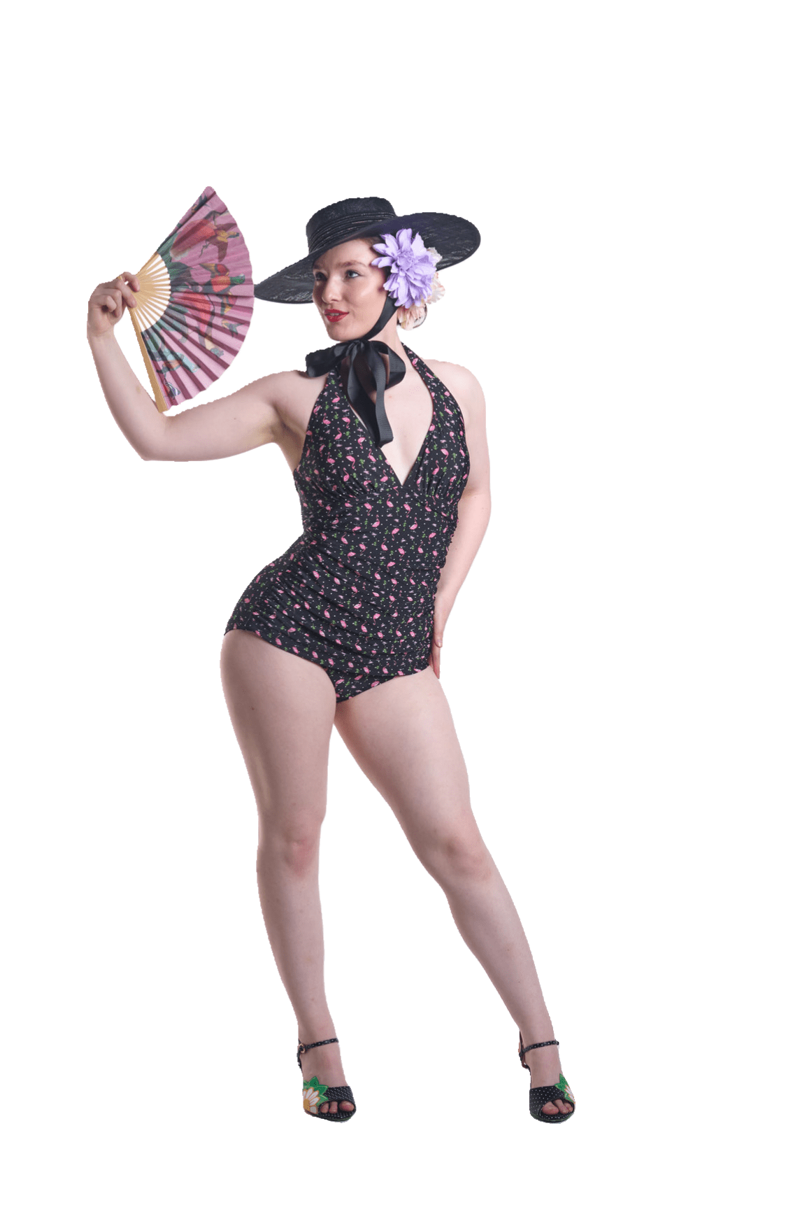 BettyliciousUK Swimsuit Bettie Page Flamingo Print Vintage Style Swimsuit with Tummy Control.