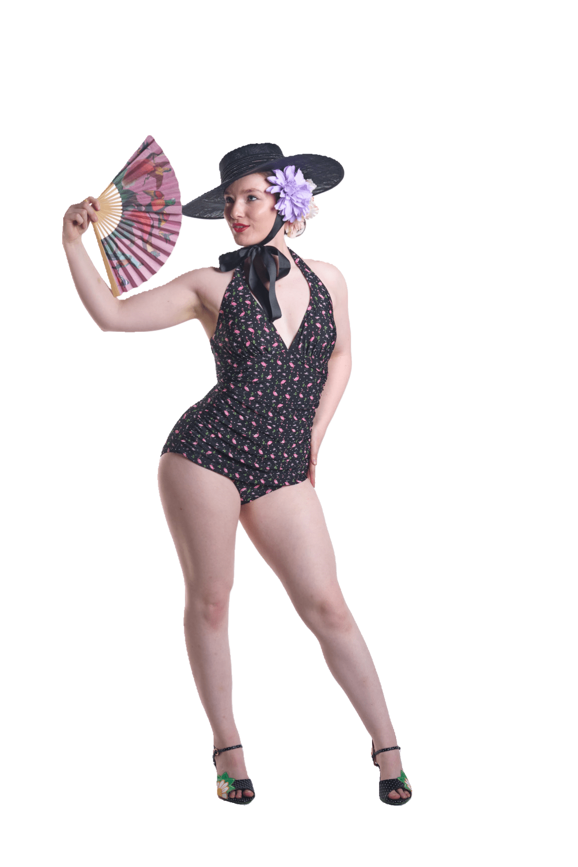 BettyliciousUK Swimsuit Bettie Page Flamingo Print Vintage Style Swimsuit with Tummy Control.