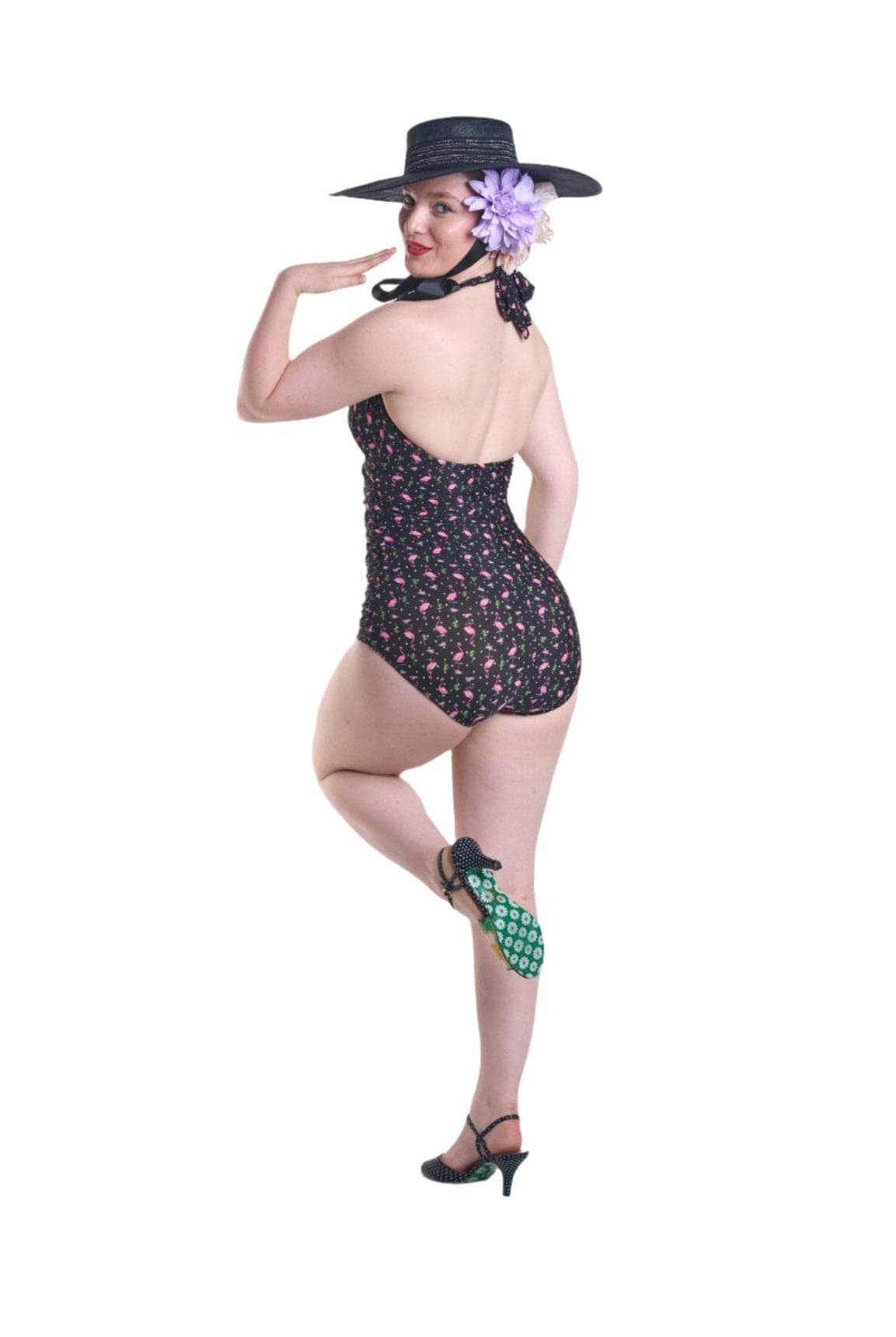 BettyliciousUK Swimsuit Bettie Page Flamingo Print Vintage Style Swimsuit with Tummy Control.