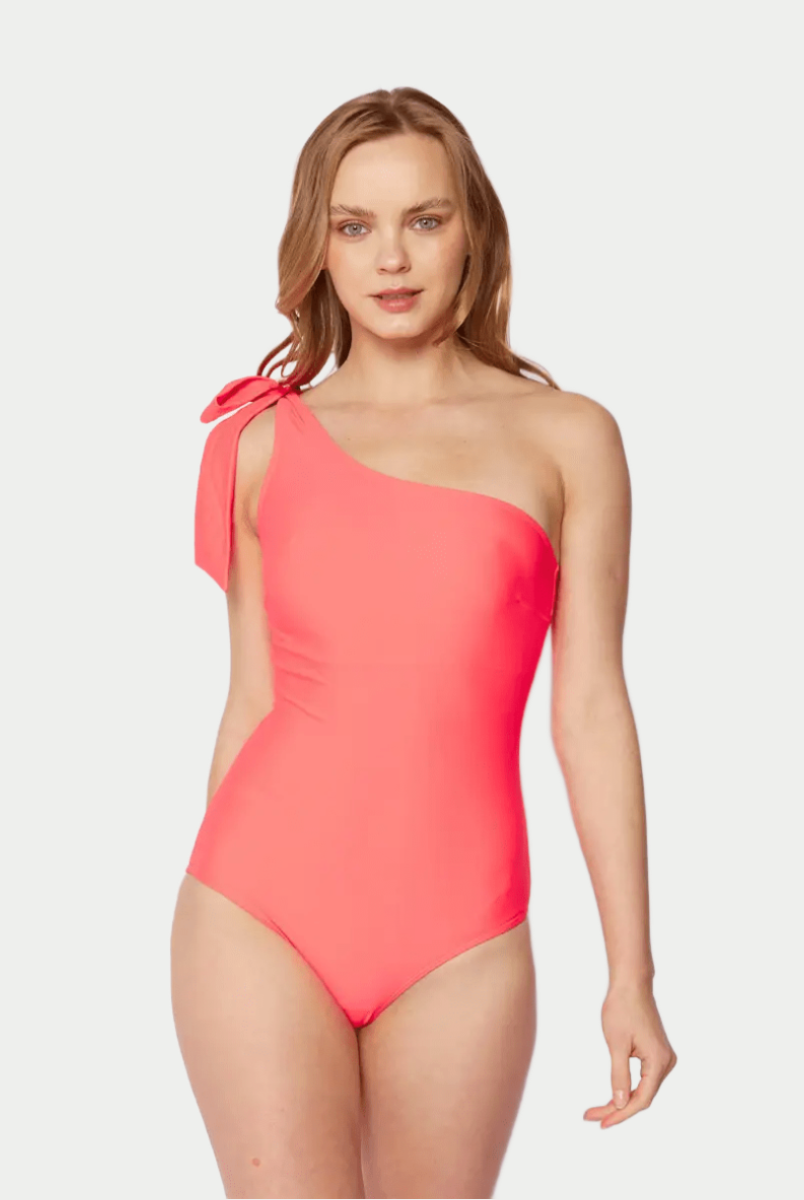 BettyliciousUK Swimsuit One-Off Shoulder Swimsuit with Tie Ribbon Pink/Coral Vintage Style by Marina West Swim