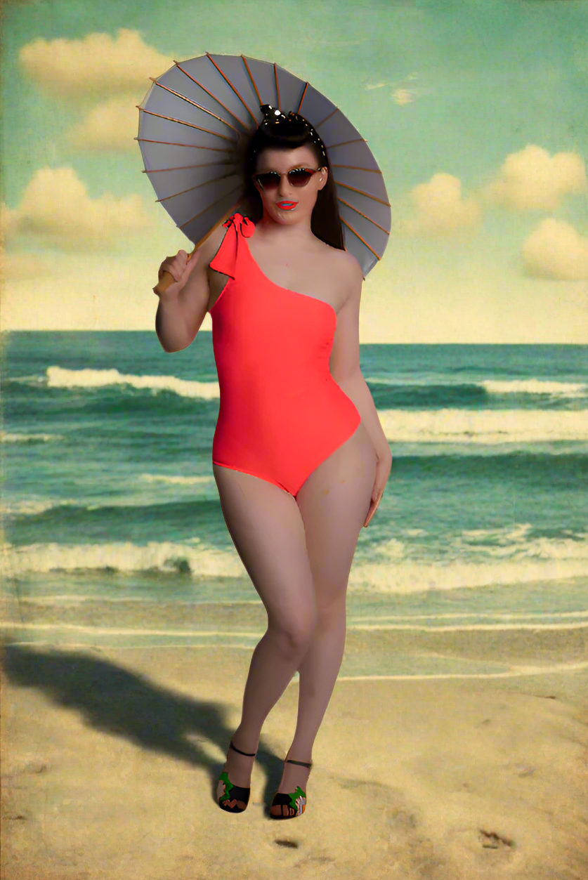 One Off Shoulder Vintage Style Swimsuit with Tie Ribbon Pink Coral by BettyliciousUK