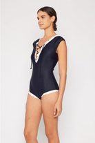 Bettylicious Retro  Marina West Ruffle and Lace up V Neck Black Swimsuit