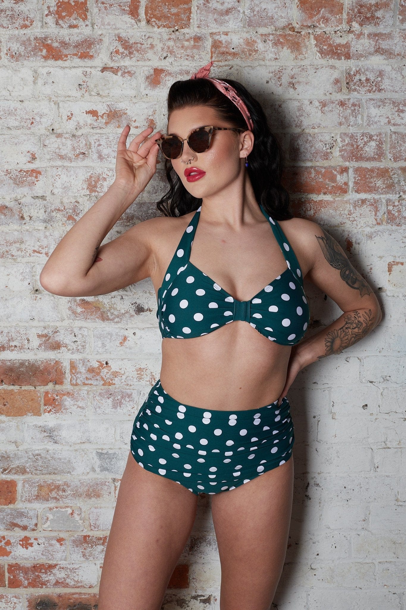 BettyliciousUK Bikini Bottoms Esther Williams Green Polka Dot High Waist Bikini Bottoms with Tummy Control
