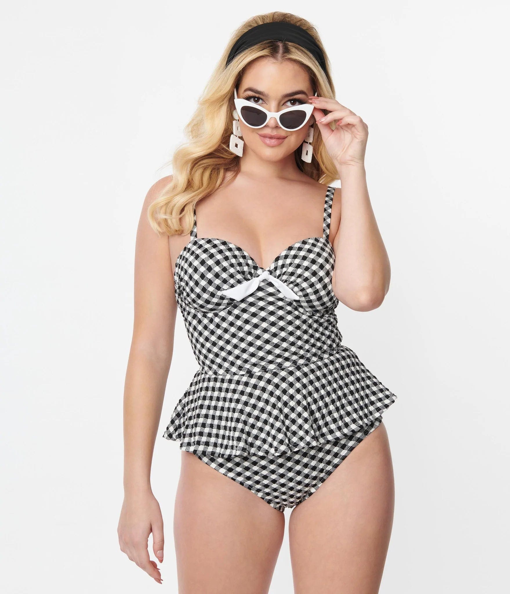 BettyliciousUK Bikini Top Unique Vintage Black & White Gingham Peplum Tankini Swim Top