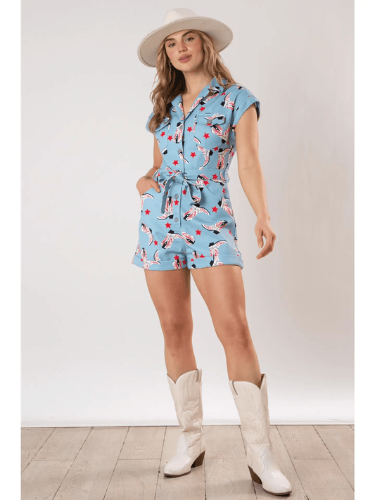 BettyliciousUK Clothing All Over Cowboy Boots Print Vintage Style Romper by Fantastic Fawn