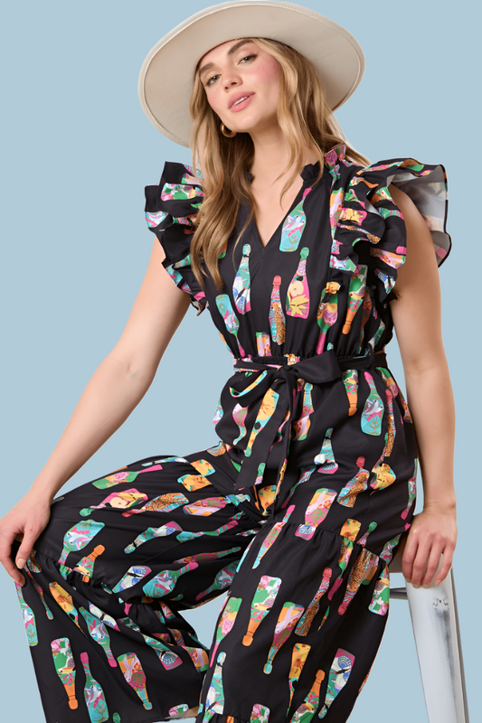 BettyliciousUK Clothing Champagne Bottle Printed Vintage Style Jumpsuit by Fantastic Fawn - PRE ORDER