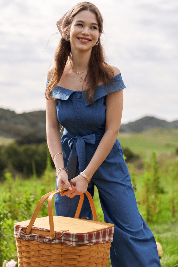 BettyliciousUK Clothing Dani and Davi Denim Chambray Off Shoulder Vintage Style Wide Leg Jumpsuit