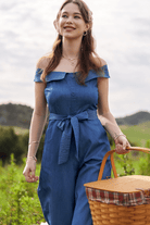 BettyliciousUK Clothing Dani and Davi Denim Chambray Off Shoulder Vintage Style Wide Leg Jumpsuit