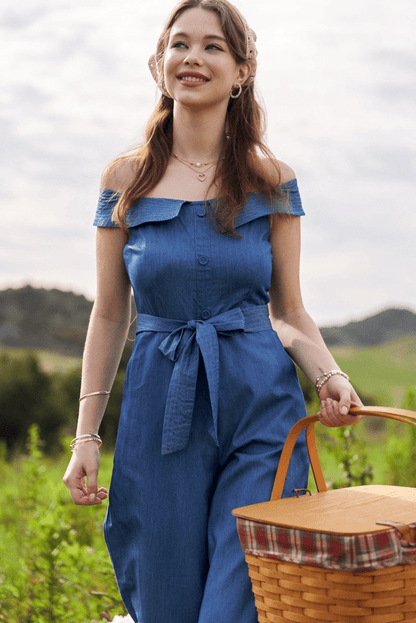 BettyliciousUK Clothing Dani and Davi Denim Chambray Off Shoulder Vintage Style Wide Leg Jumpsuit