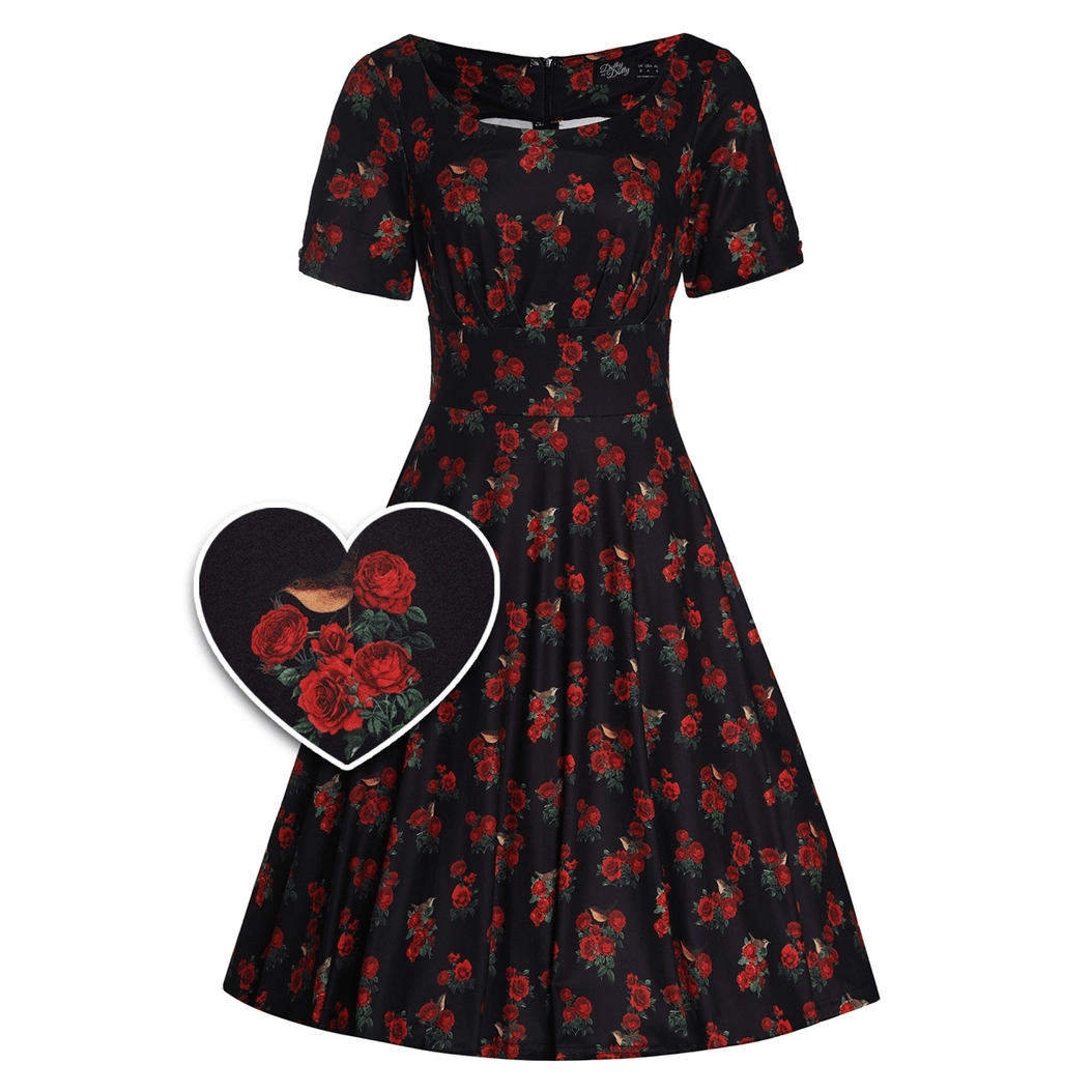 BettyliciousUK Dress Dolly and Dotty Brenda Black in Rose & Bird Print Short-Sleeved Dress