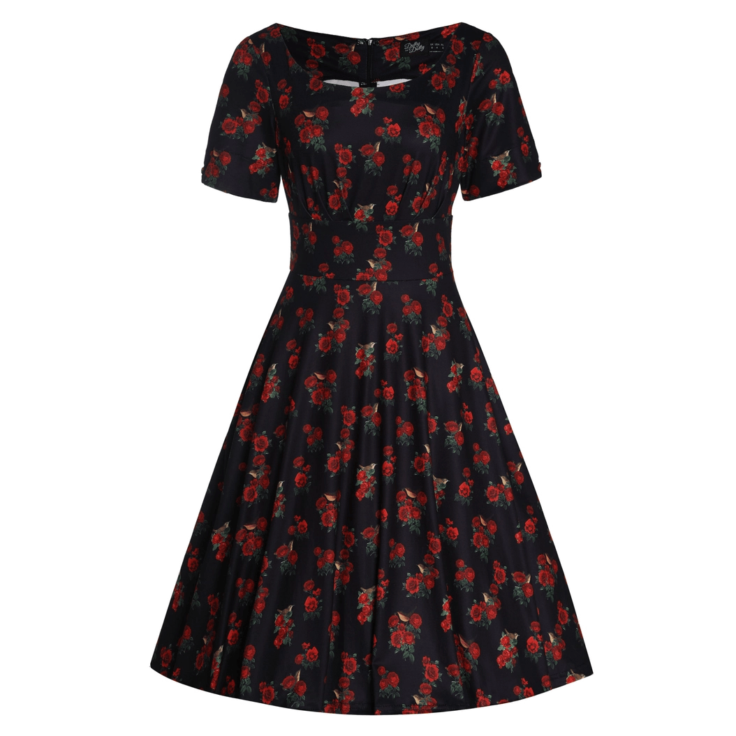 BettyliciousUK Dress Dolly and Dotty Brenda Black in Rose & Bird Print Short-Sleeved Dress