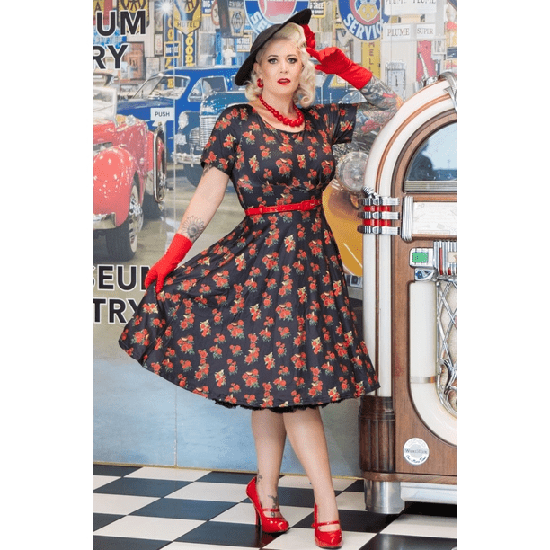 BettyliciousUK Dress Dolly and Dotty Brenda Black in Rose & Bird Print Vintage Style Short-Sleeved Dress