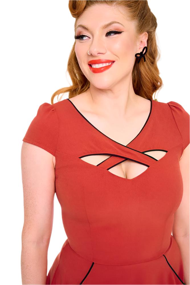 Red Cross Detail Vintage Style Flare Dress by Voodoo Vixen BettyliciousUK