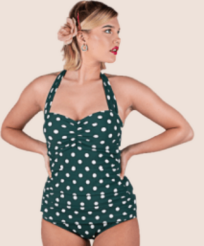 Green and White Polka Dot Swimsuit with Tummy Control