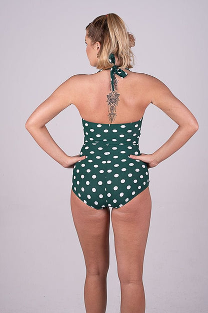 BettyliciousUK Esther Williams Green and White Polka Dot Vintage Style Swimsuit with Tummy Control