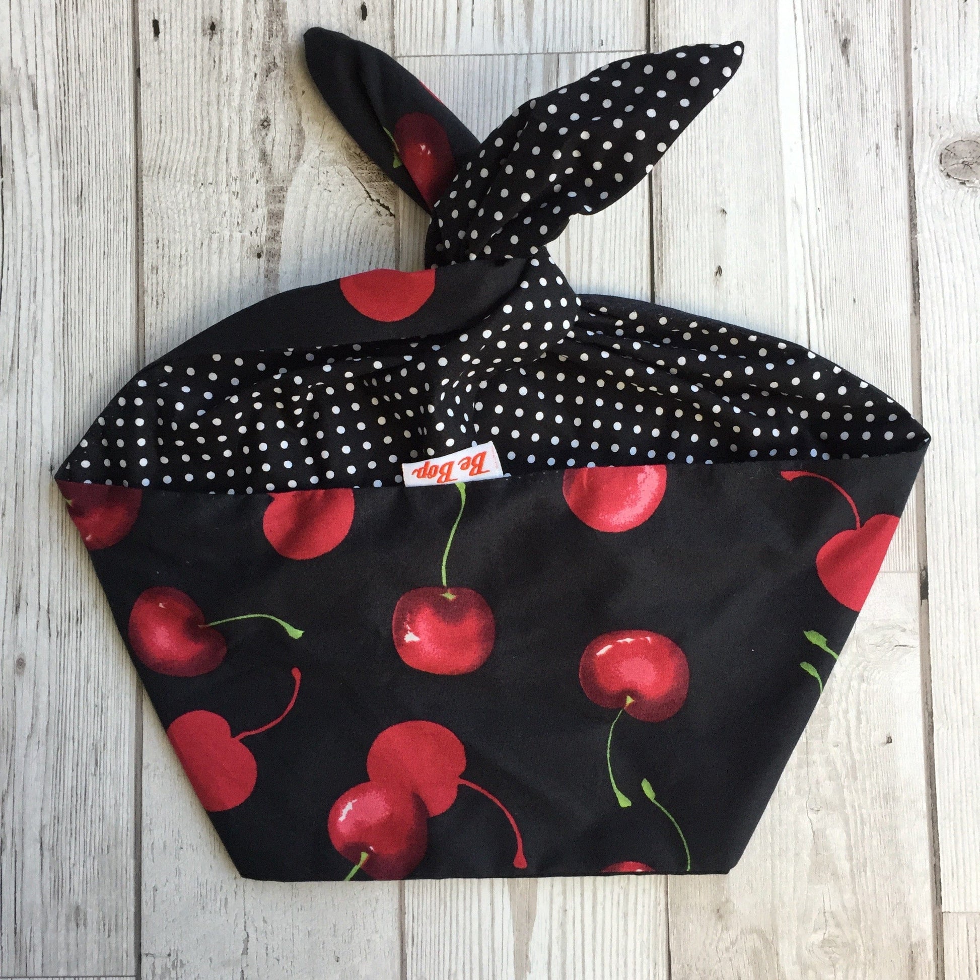 BettyliciousUK Hairband Head Scarf, Black/Cherry Print with Black and White Polka Dots Reverse