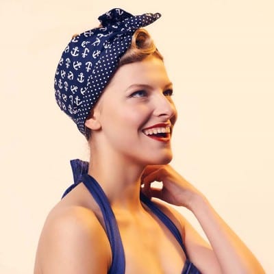 BettyliciousUK Head Scarf, Navy/White Anchor Print with Navy Polka Dot Reverse