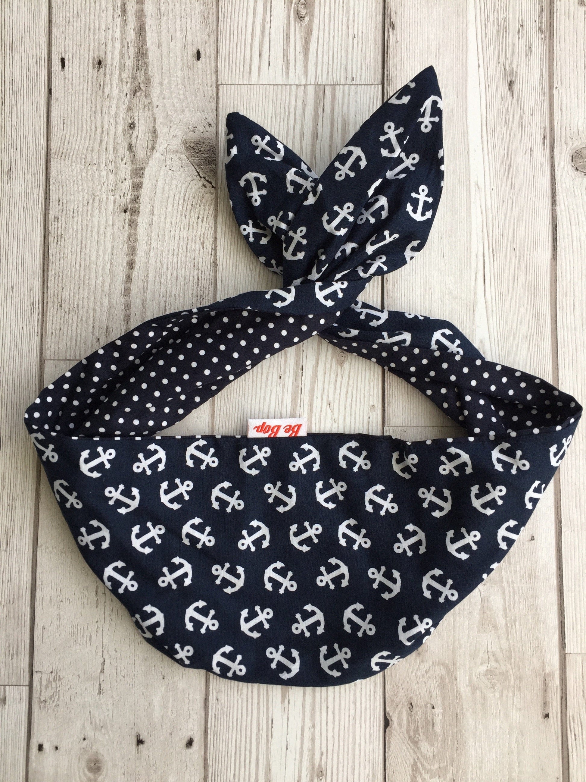 BettyliciousUK Head Scarf, Navy/White Anchor Print with Navy Polka Dot Reverse