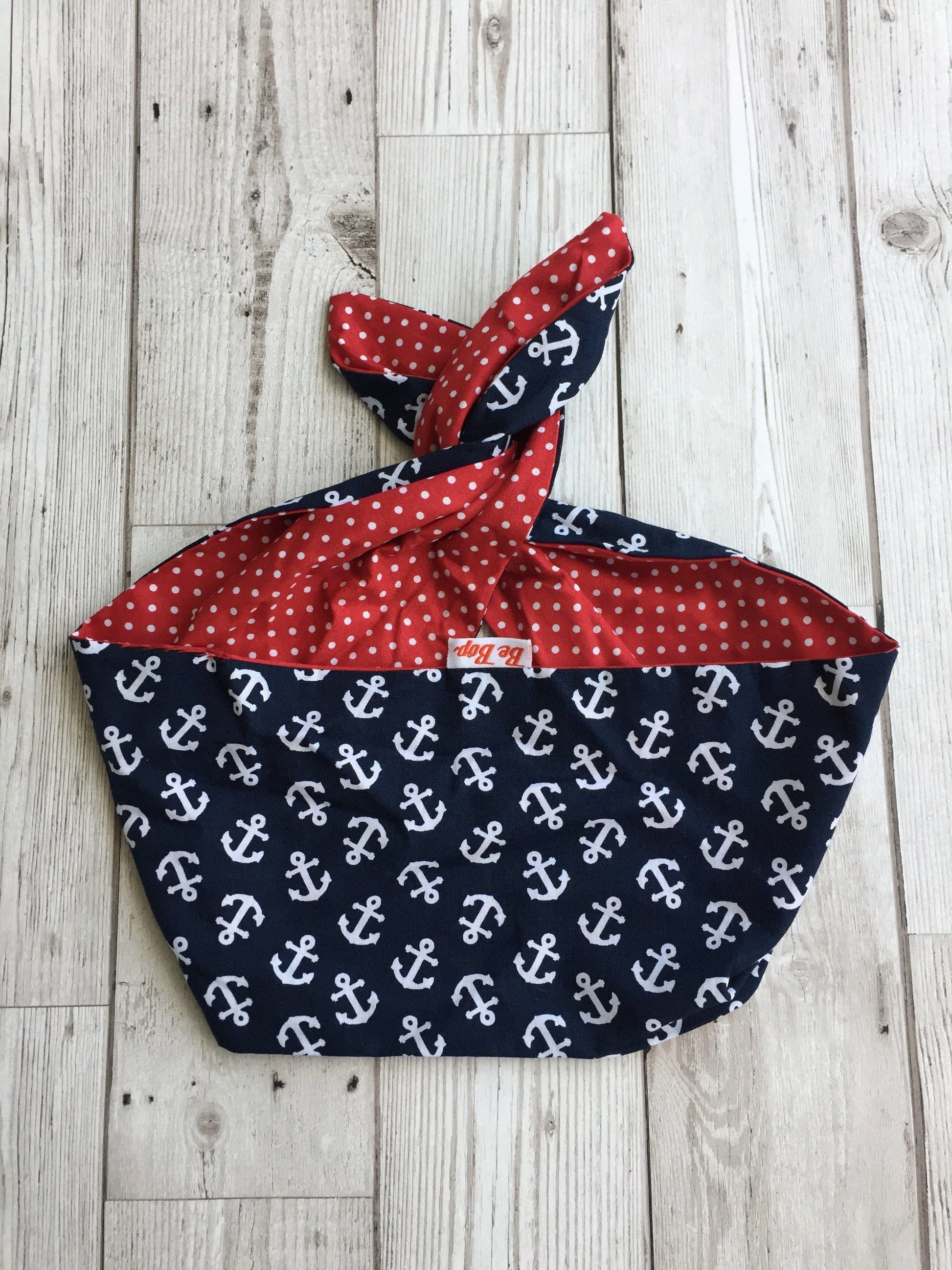 BettyliciousUK Head Scarf, Navy/White Anchor Print with Red Polka Dot Reverse