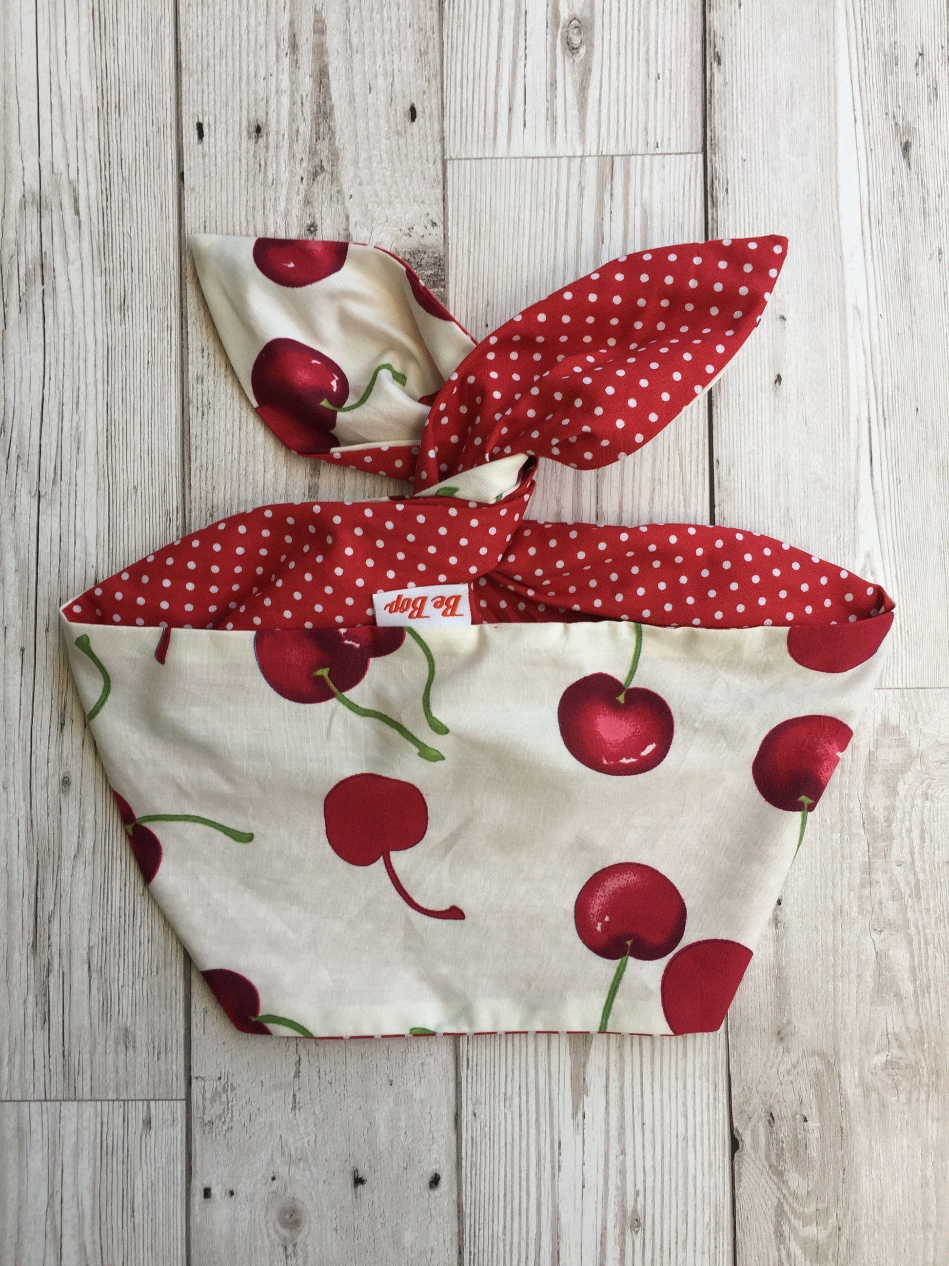 BettyliciousUK Head Scarf, White/Cherry Print with Red and White Polka Dot Reverse