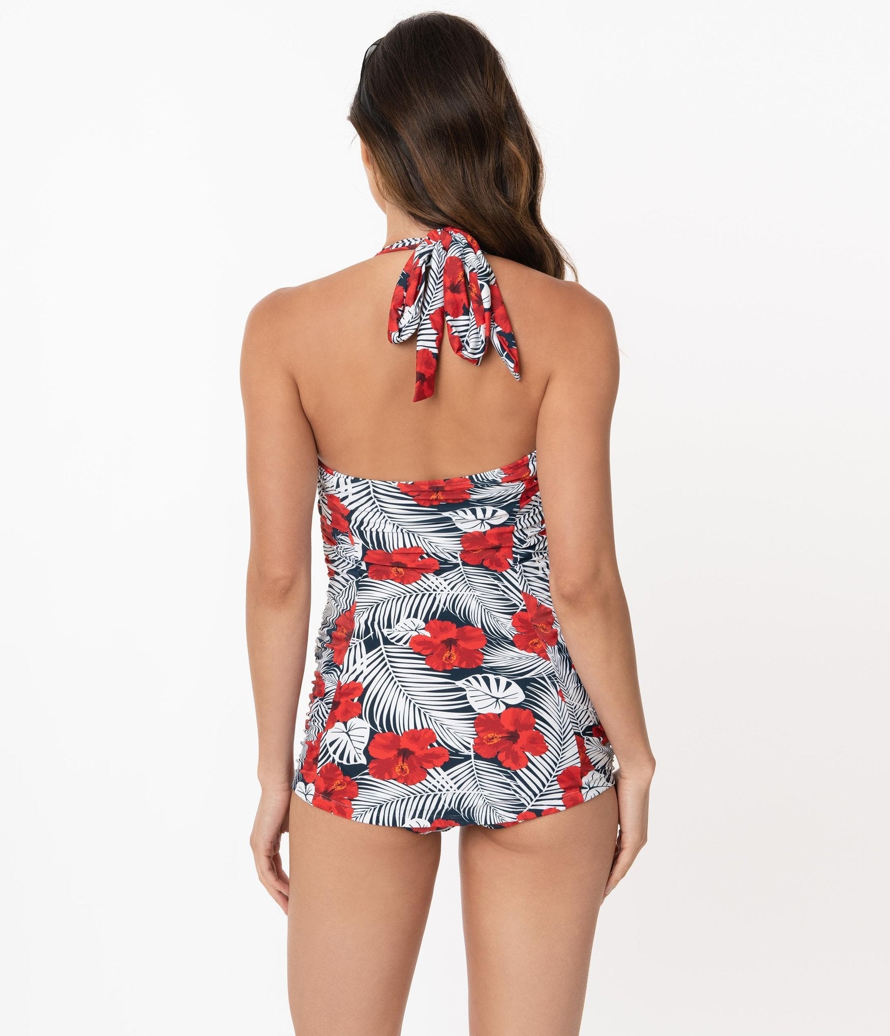 BettyliciousUK Swimsuit 3XL Unique Vintage Tropical Print & Red Hibiscus Corinne Halter Sheath Swimsuit