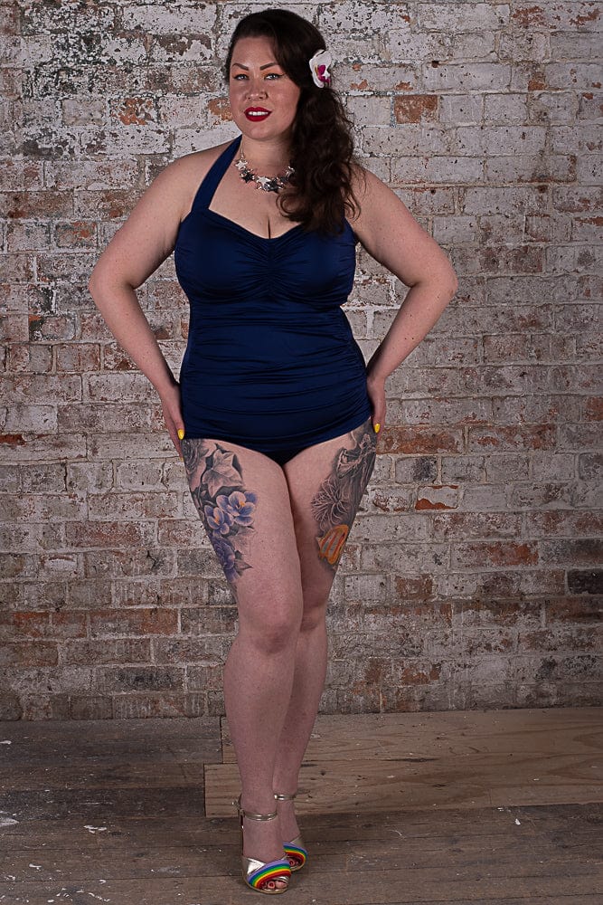 BettyliciousUK Swimsuit Esther Williams Navy Blue Vintage Style Swimsuit with Tummy Control