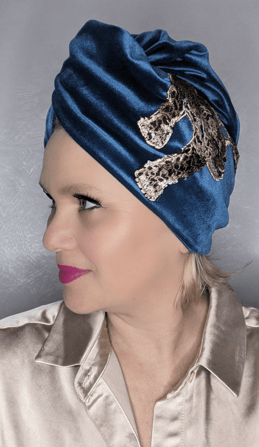 BettyliciousUK Turban Blue Velvet Leopard Vintage Style Turban by Bebopa Headbands