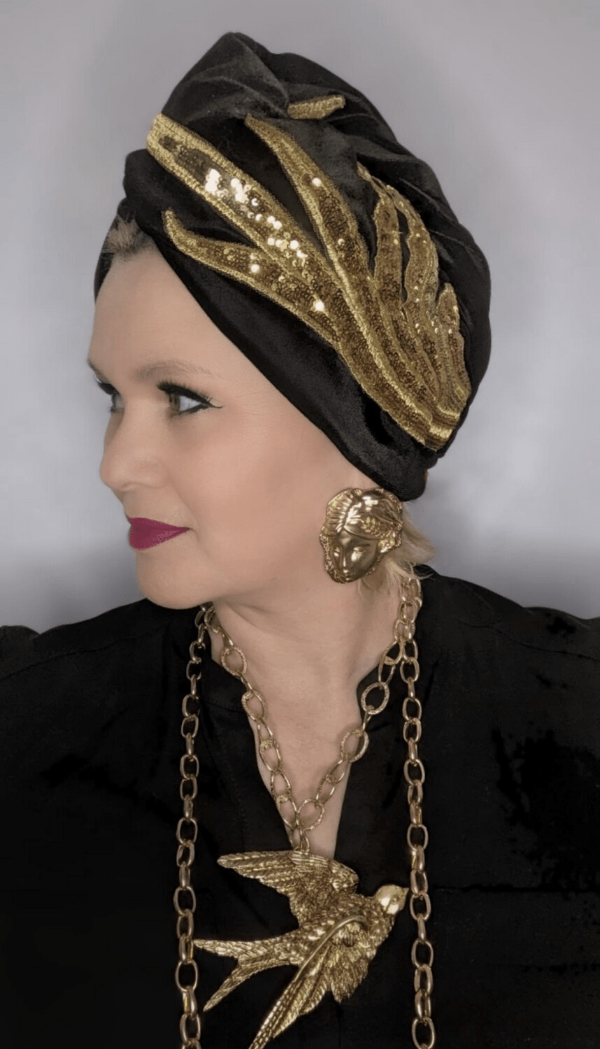 BettyliciousUK Turban Gold and Black Sequin Velvet Vintage Style Turban by Bebopa Hairbands