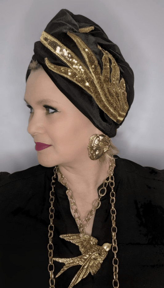 BettyliciousUK Turban Gold and Black Sequin Velvet Vintage Style Turban by Bebopa Hairbands