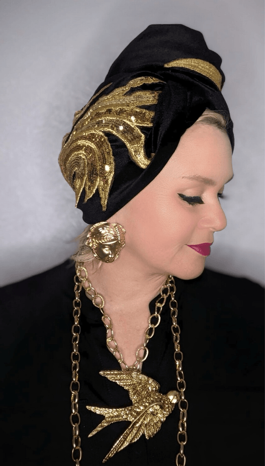 BettyliciousUK Turban Gold and Black Sequin Velvet Vintage Style Turban by Bebopa Hairbands