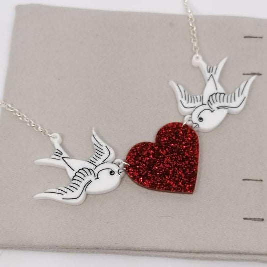 BettyliciousUK White Lovebirds and Red Heart Glitter Necklace and Earrings.