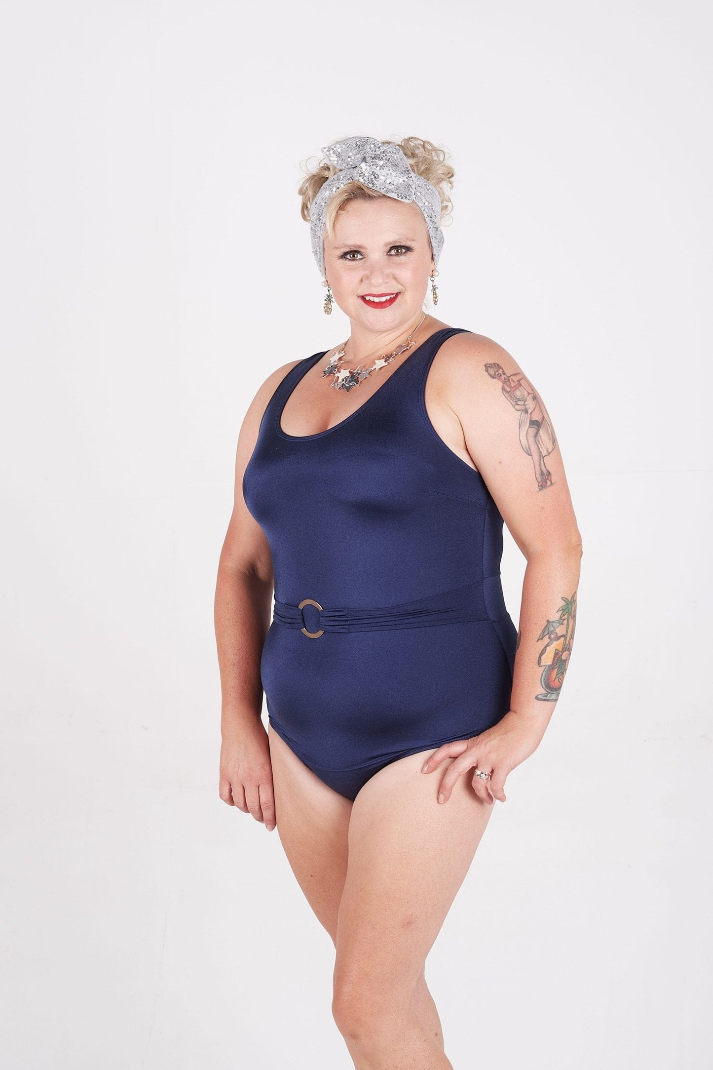 BettyliciousUK Wolf and Whistle Navy Belted Swimsuit Plus Size