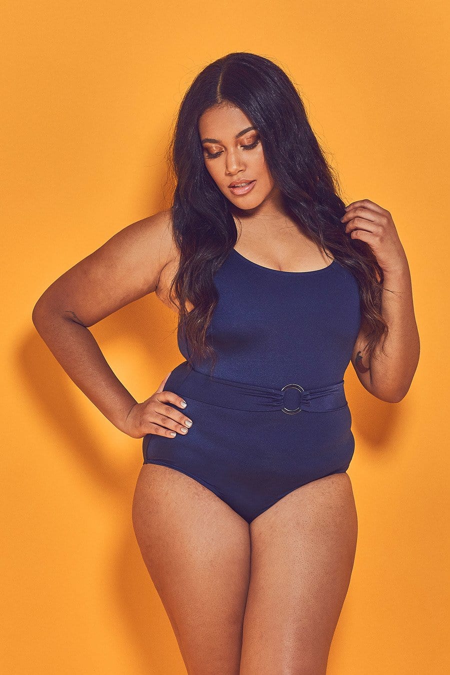 BettyliciousUK Wolf and Whistle Navy Belted Swimsuit Plus Size
